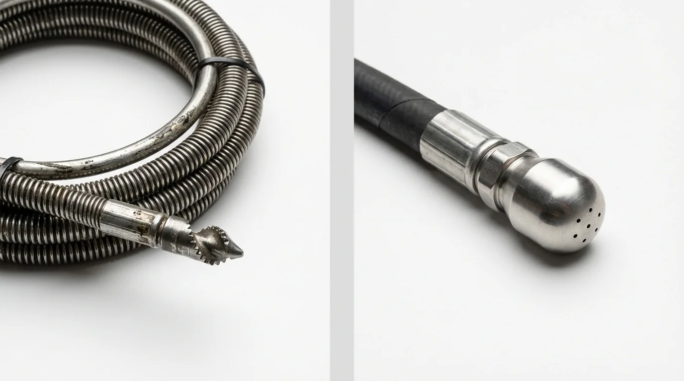Drain snake cable and hydro jetting nozzle used for drain cleaning in Cortland, NY