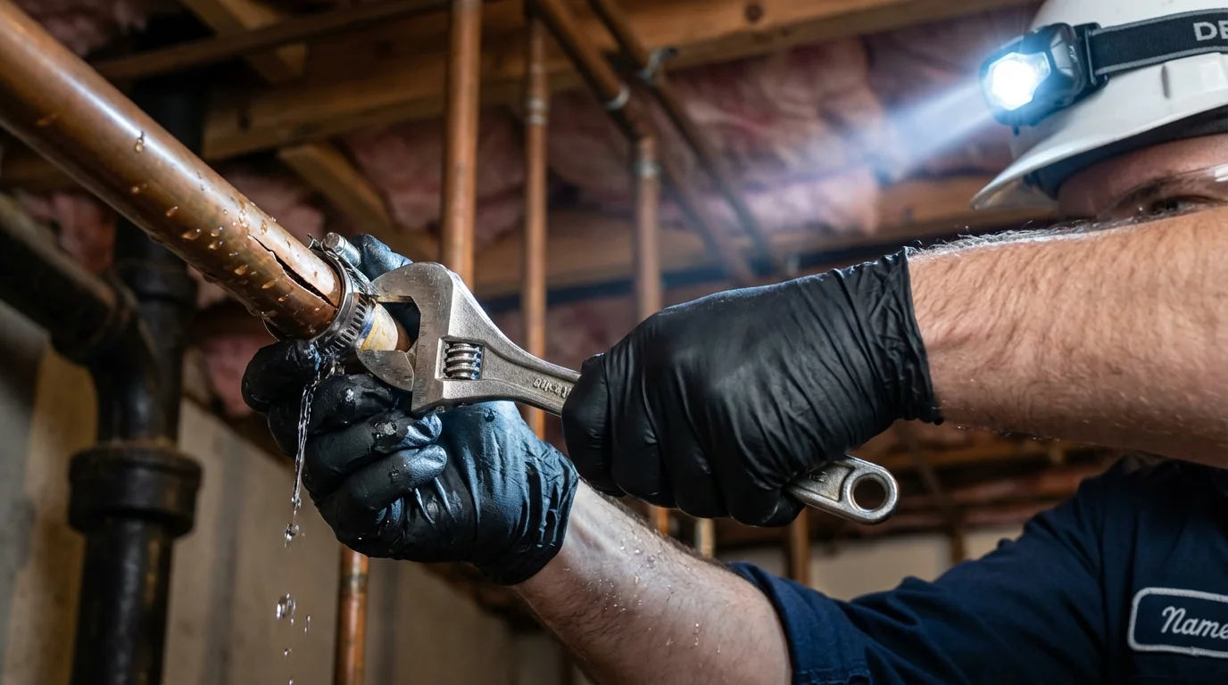 Emergency pipe clamp repair being performed by a Johns Plumbing LLC plumber in Cortland
