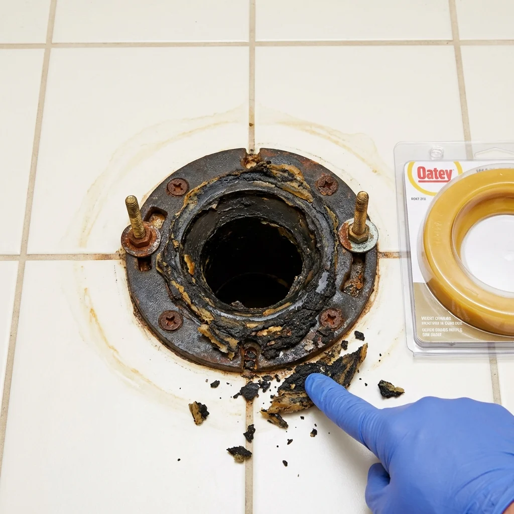 Failed wax ring showing water seepage at the base of a toilet in a Cortland, NY home