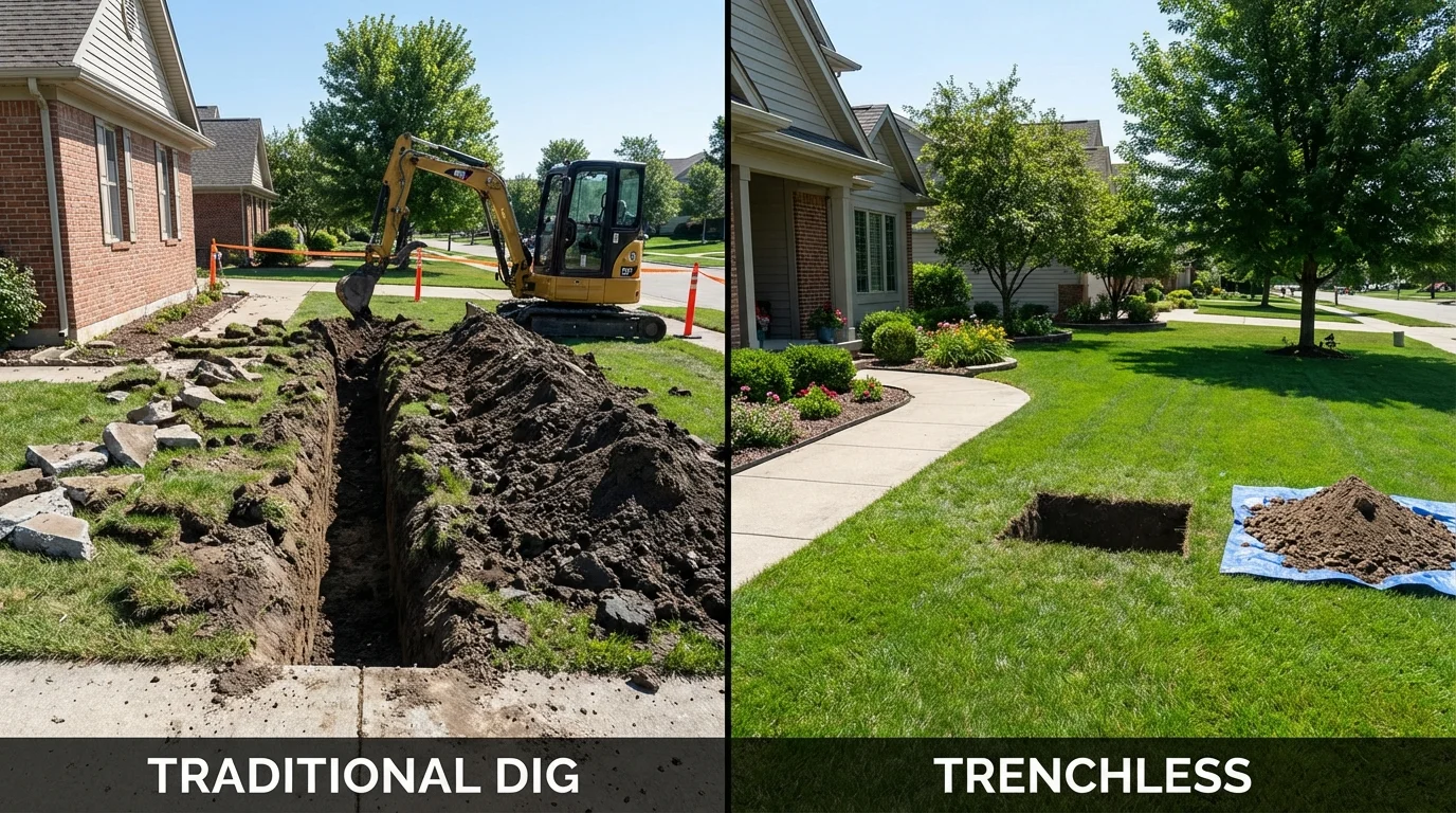 Trenchless sewer repair with minimal yard damage versus traditional excavation in Cortland, NY