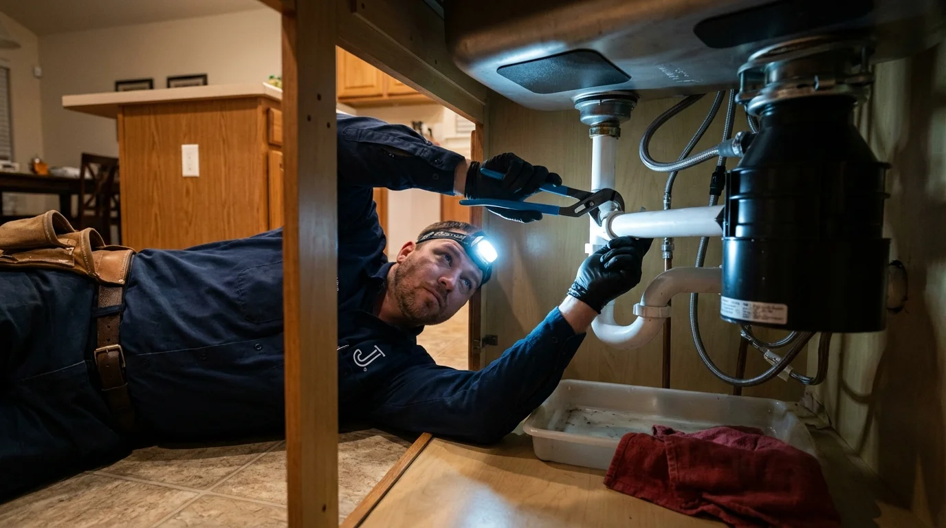 P-trap and supply line connections under a kitchen sink showing a common leak point in Cortland, NY